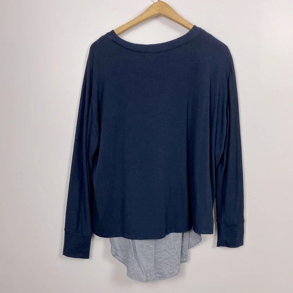 Vince womens Mixed Media Blue Chambray Shirttail blouse long sleeve crew neck - Picture 3 of 13